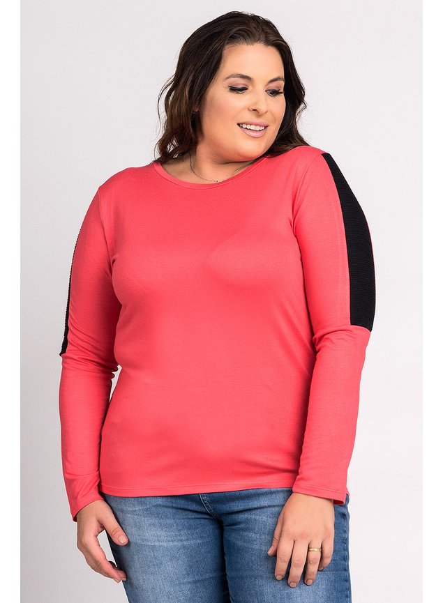 0585250 blusa feminina visco detalhe cor tecido contrastante mangas cereja rosa