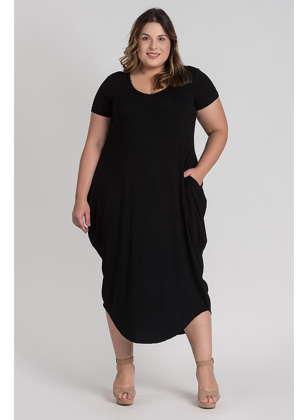 Vestido Feminino Plus Size Longo Bolsos Laterais - Serena